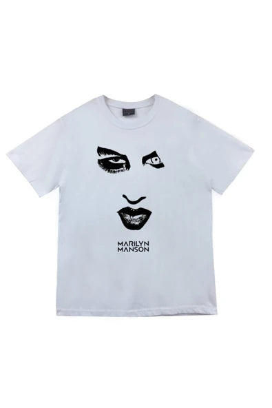 fame-stoned Marilyn Manson Baskılı Unisex %100 Pamuk Beyaz T-shirt