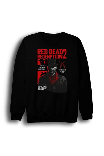 fame-stoned Red Dead Redemption 2 - Oyun Baskılı Unisex %100 Pamuk Bisiklet Yaka Siyah Sweatshirt