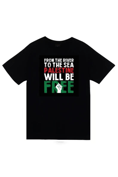 fame-stoned Nehirden Denize Kadar Filistin Özgür Olacak Baskılı Unisex %100 Pamuk Siyah T-shirt
