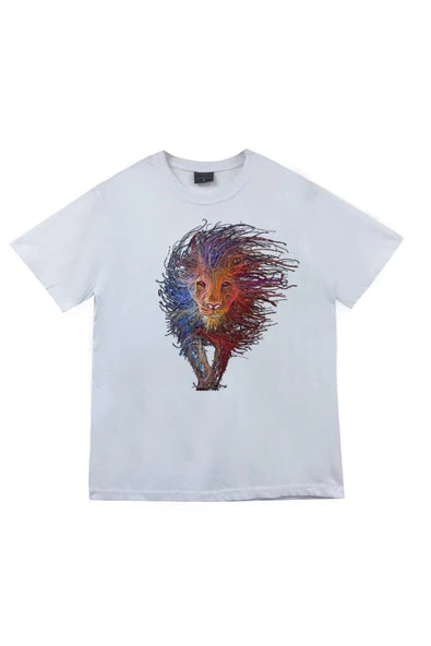 fame-stoned  Aslan Baskılı Unisex %100 Pamuk Beyaz T-shirt