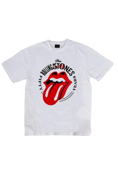 fame-stoned  The Rolling Stones Baskılı Unisex %100 Pamuk Beyaz T-shirt