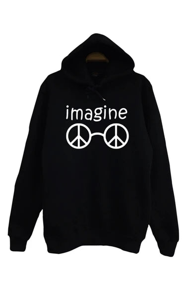 John Lennon Imagine' - baris isaretli baskılı siyah kapüşonlu sweatshirt