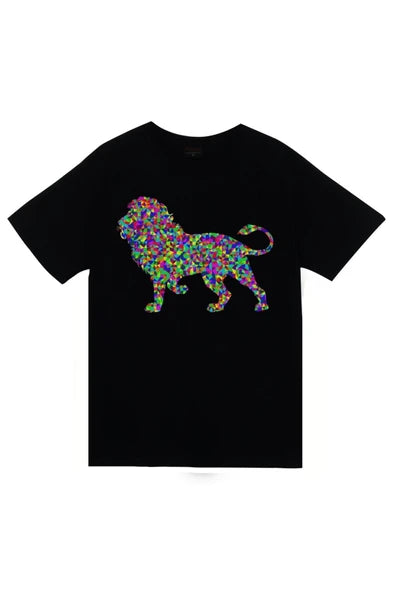 fame-stoned  Aslan, Hayvan Baskılı Unisex %100 Pamuk Siyah T-shirt