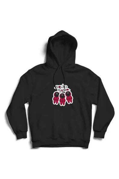 Squid Game Dizi Logosu ve kırmızı tulumlu baskılı siyah kapüşonlu sweatshirt