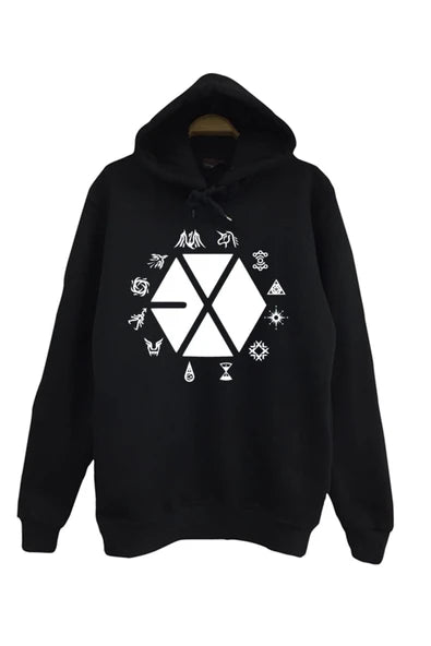 Exo baskılı siyah kapüşonlu sweatshirt