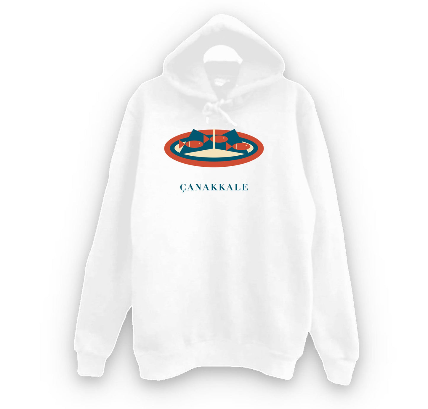 Çanakkale Asma Yaprağında Sardalya baskılı beyaz kapüşonlu sweatshirt