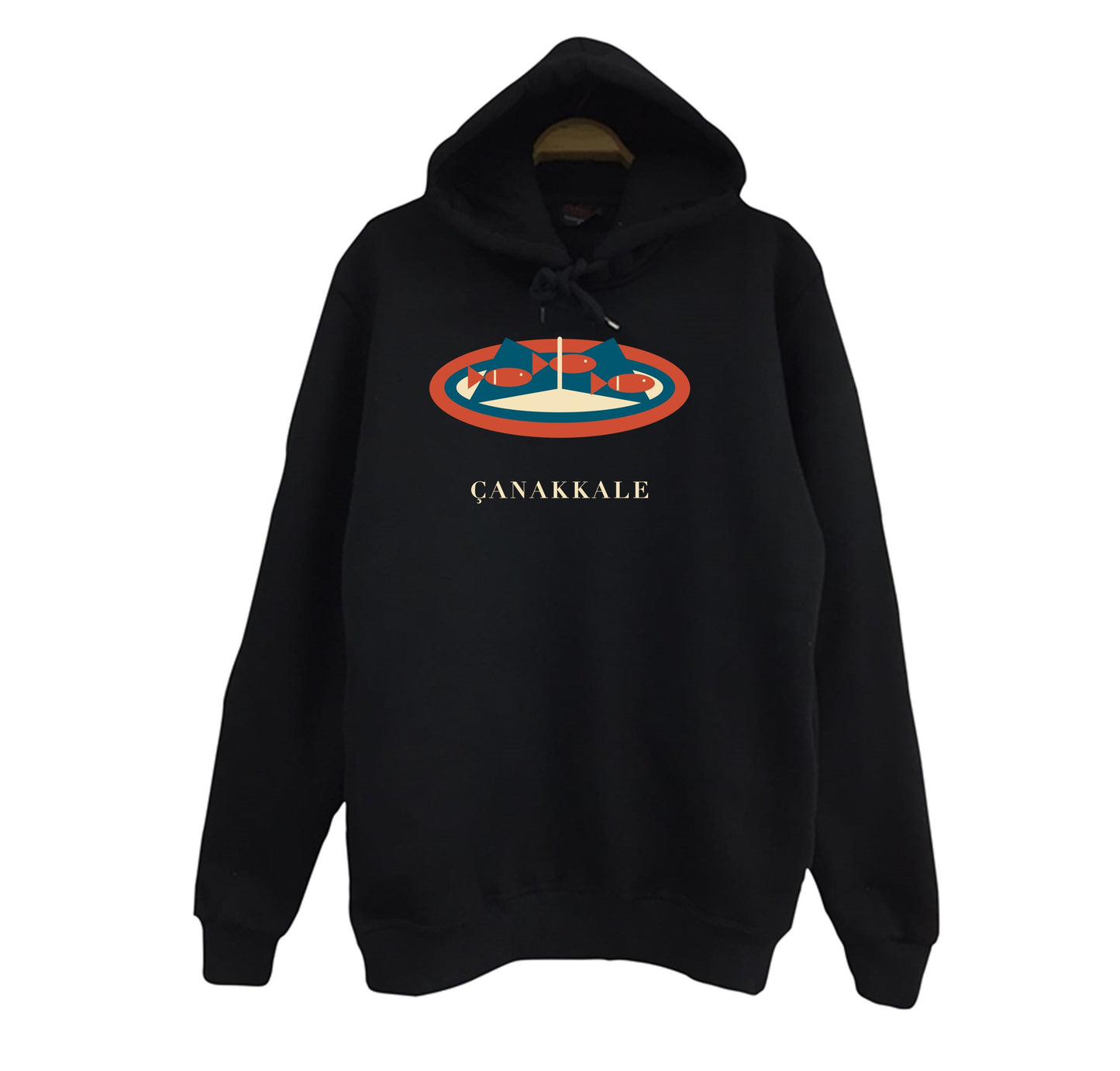Çanakkale Asma Yaprağında Sardalya baskılı siyah kapüşonlu sweatshirt