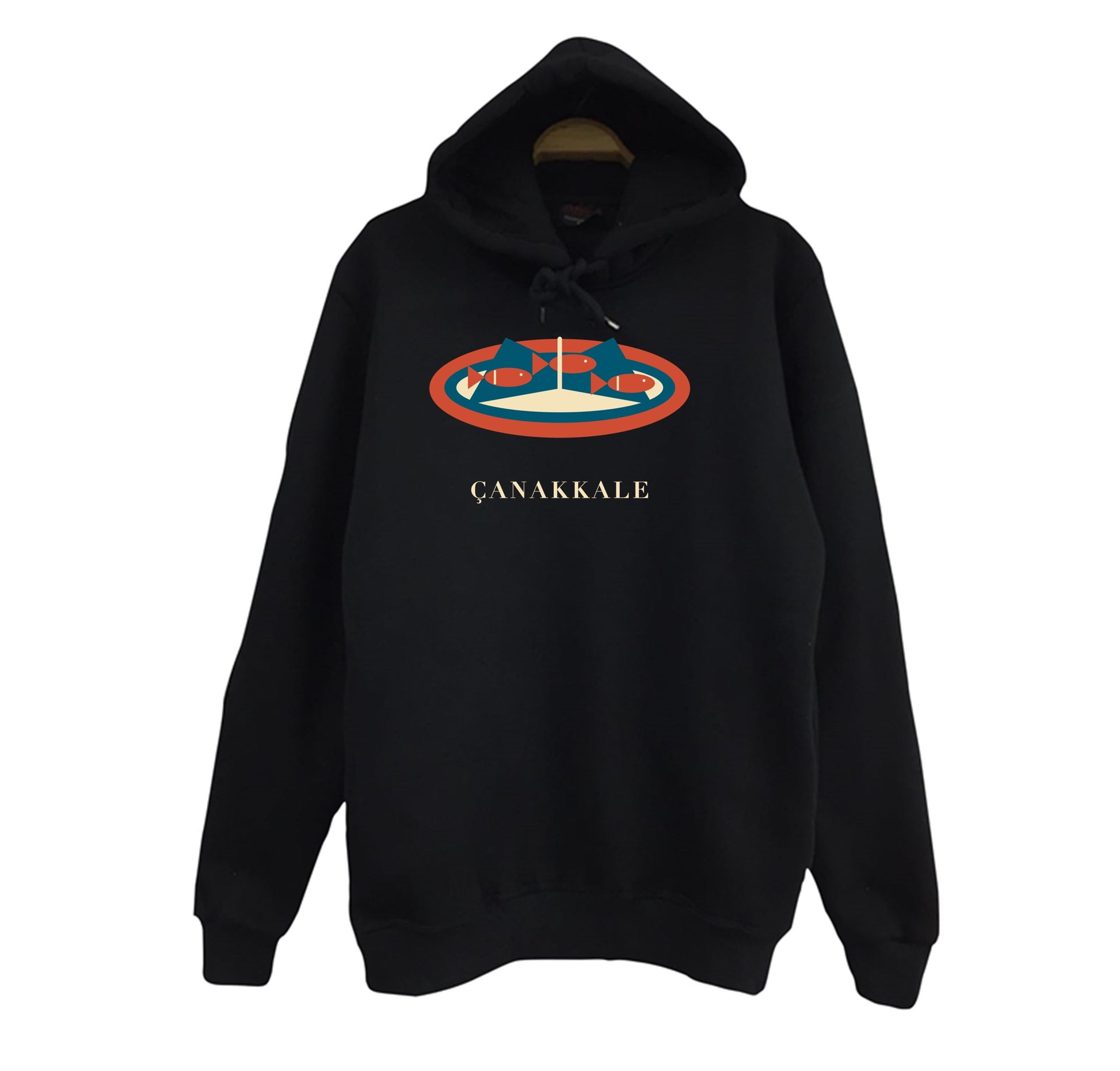 Çanakkale Asma Yaprağında Sardalya baskılı siyah kapüşonlu sweatshirt