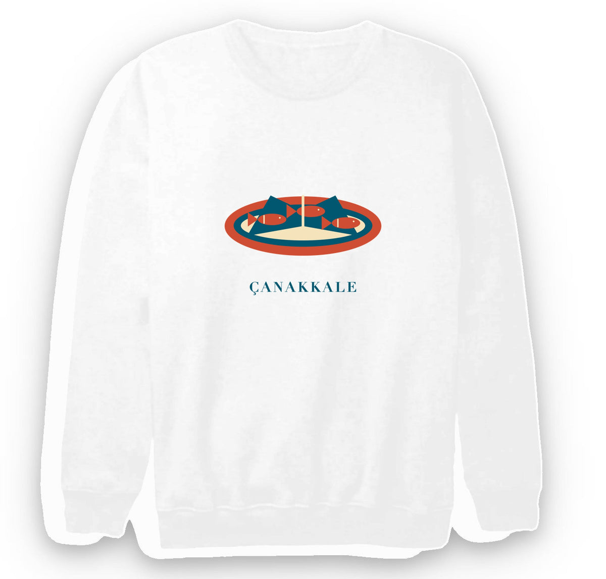 Çanakkale Asma Yaprağında Sardalya baskılı beyaz sweatshirt