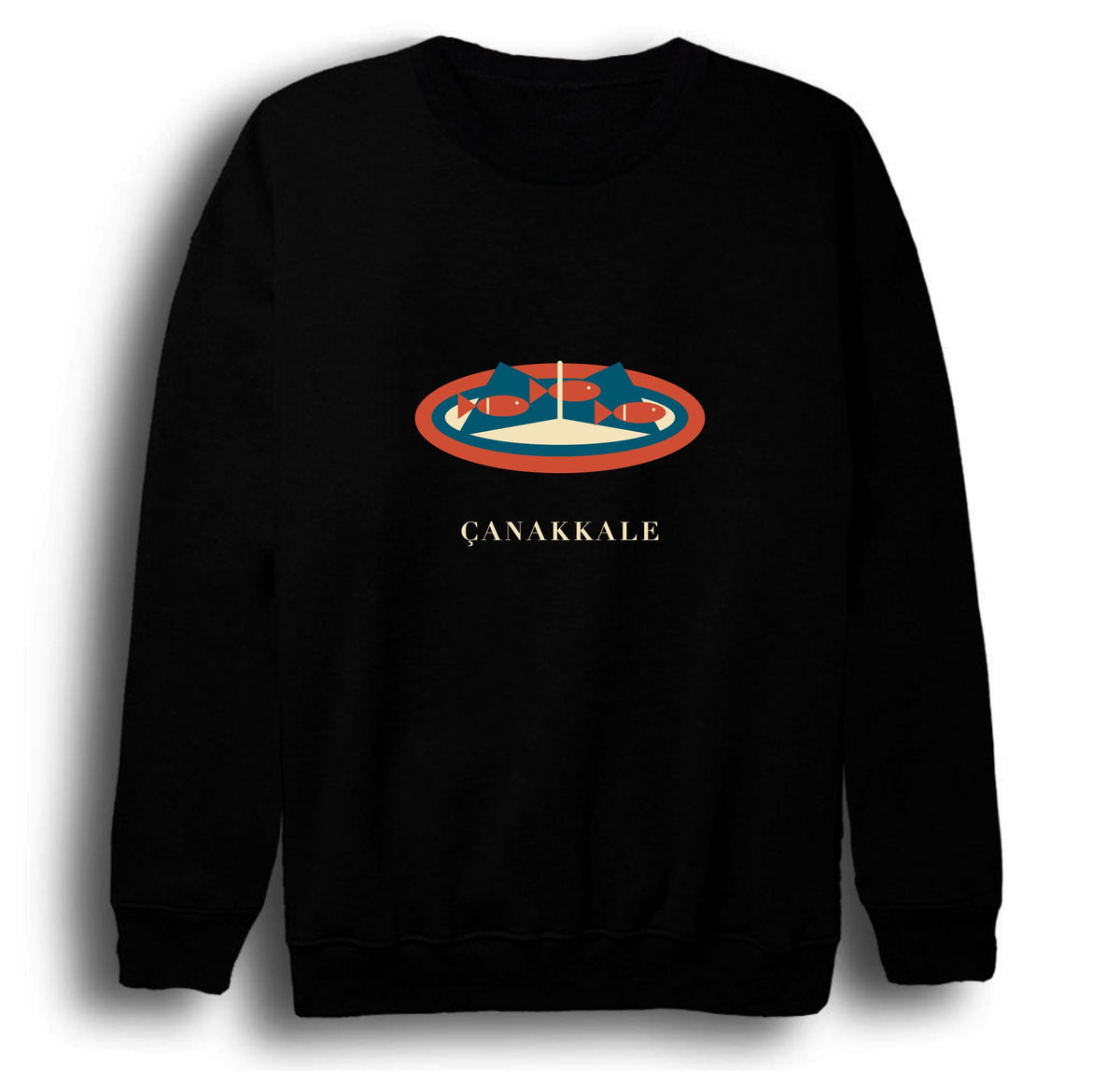 Çanakkale Asma Yaprağında Sardalya baskılı siyah sweatshirt