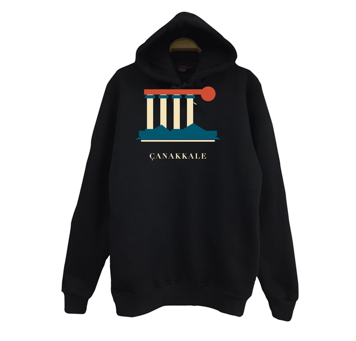 Çanakkale Assos Athena Tapınağı baskılı siyah kapüşonlu sweatshirt