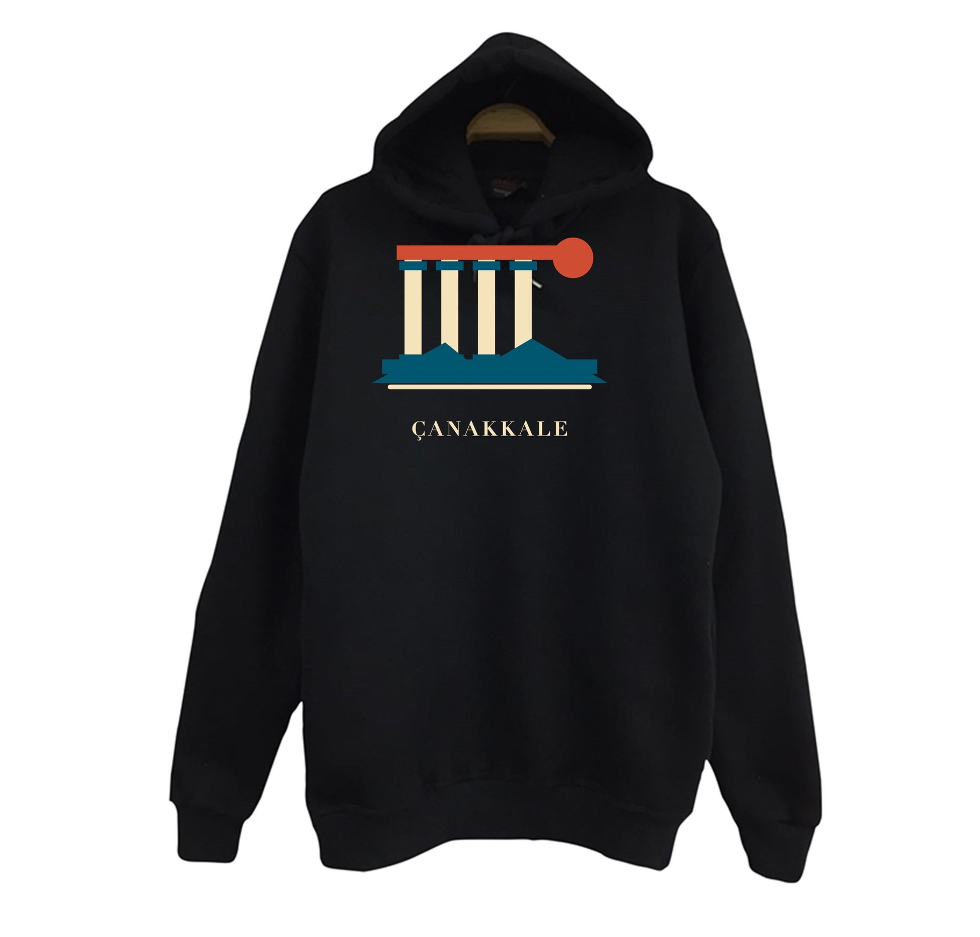 Çanakkale Assos Athena Tapınağı baskılı siyah kapüşonlu sweatshirt