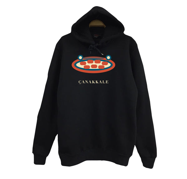 Çanakkale Biga Köftesi baskılı siyah kapüşonlu sweatshirt