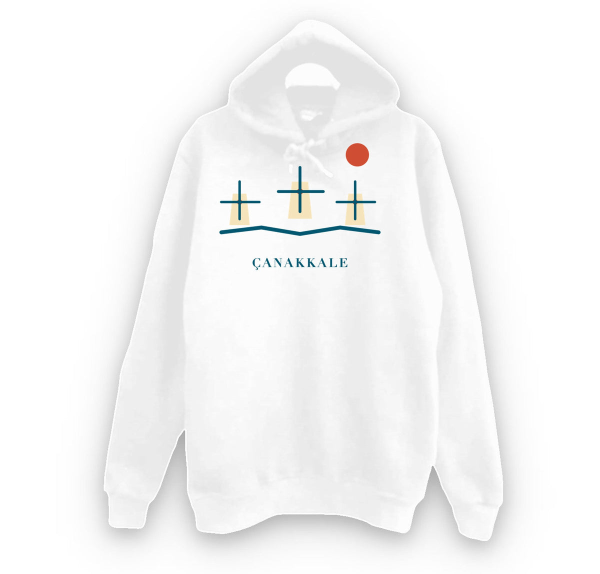 Çanakkale Bozcaada Yel Değirmenleri baskılı beyaz kapüşonlu sweatshirt