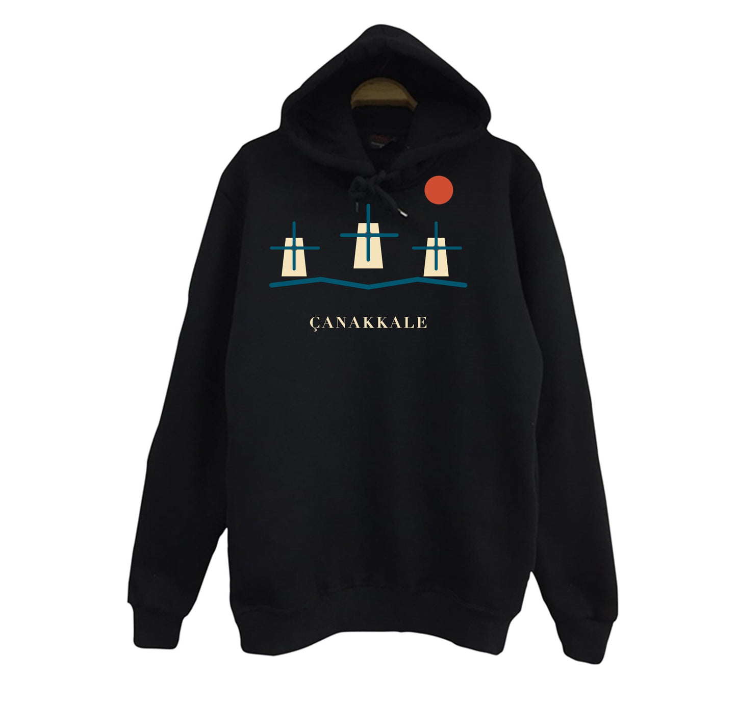 Çanakkale Bozcaada Yel Değirmenleri baskılı siyah kapüşonlu sweatshirt