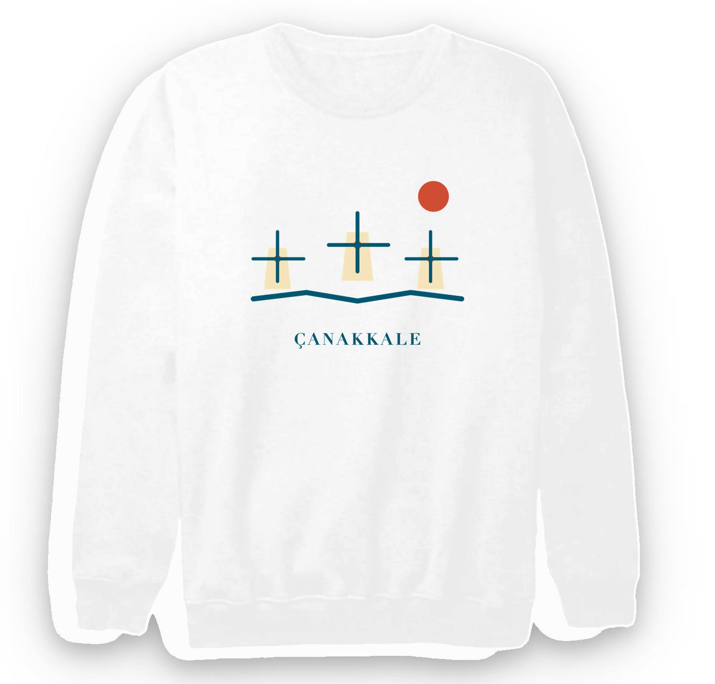 Çanakkale Bozcaada Yel Değirmenleri baskılı beyaz sweatshirt