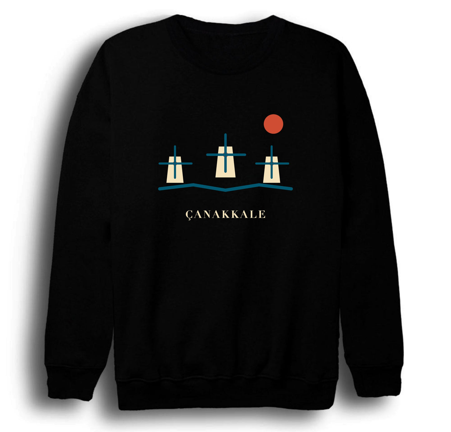 Çanakkale Bozcaada Yel Değirmenleri baskılı siyah sweatshirt