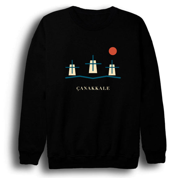 Çanakkale Bozcaada Yel Değirmenleri baskılı siyah sweatshirt