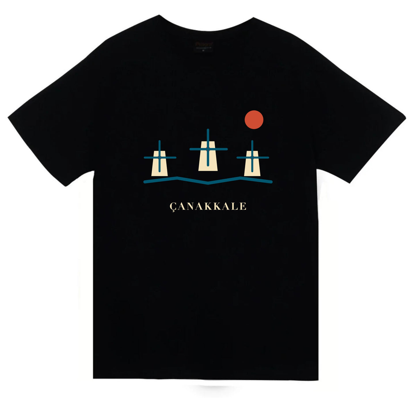 Çanakkale Bozcaada Yel Değirmenleri baskılı siyah t-shirt