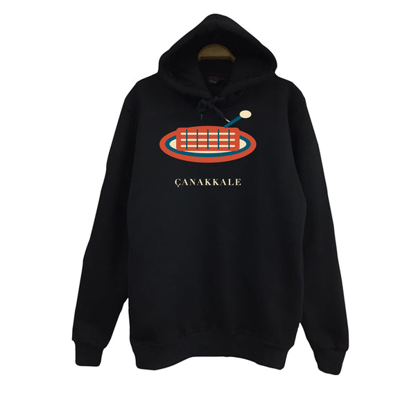 Çanakkale Peynir Helvası baskılı siyah kapüşonlu sweatshirt