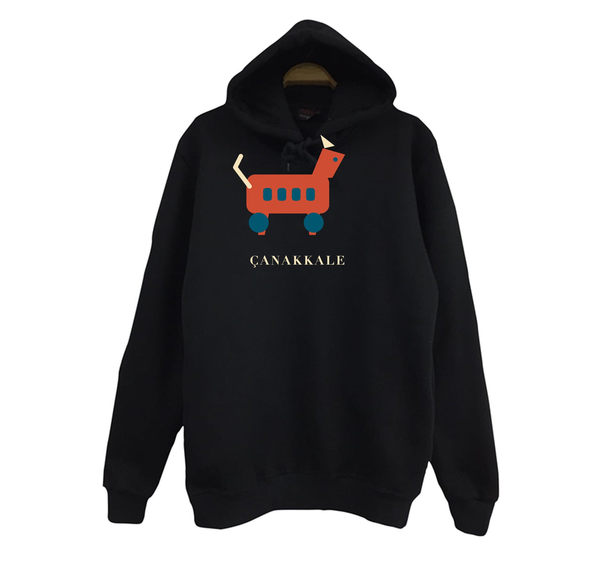Çanakkale Truva Atı baskılı siyah kapüşonlu sweatshirt