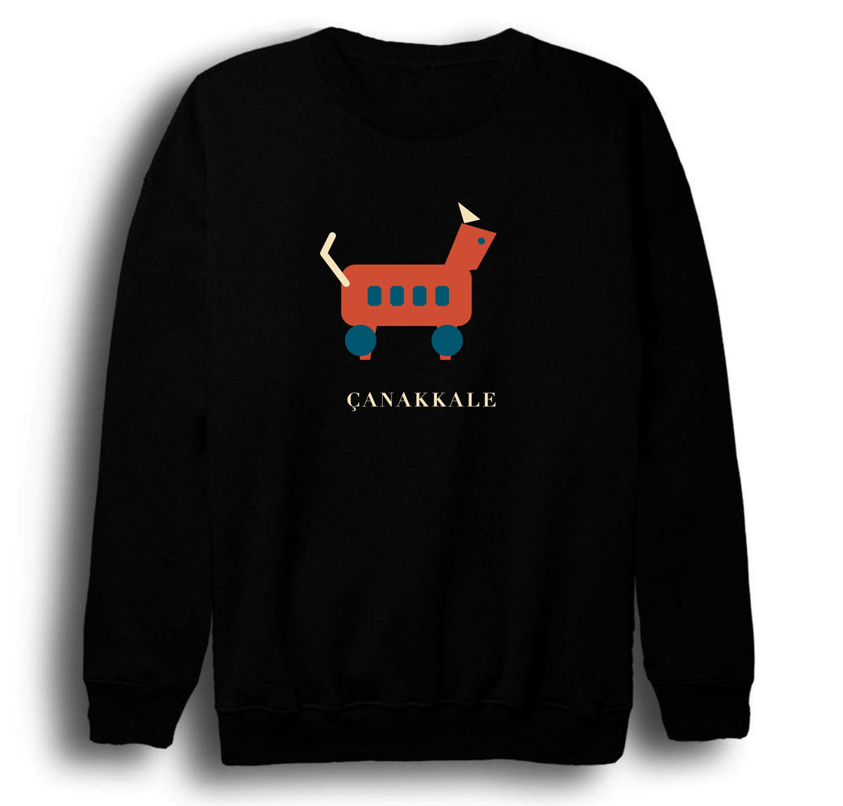 Çanakkale Truva Atı baskılı siyah sweatshirt