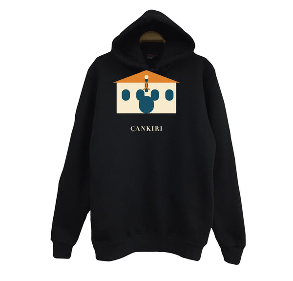 Çankırı Taş Mescit baskılı siyah kapüşonlu sweatshirt