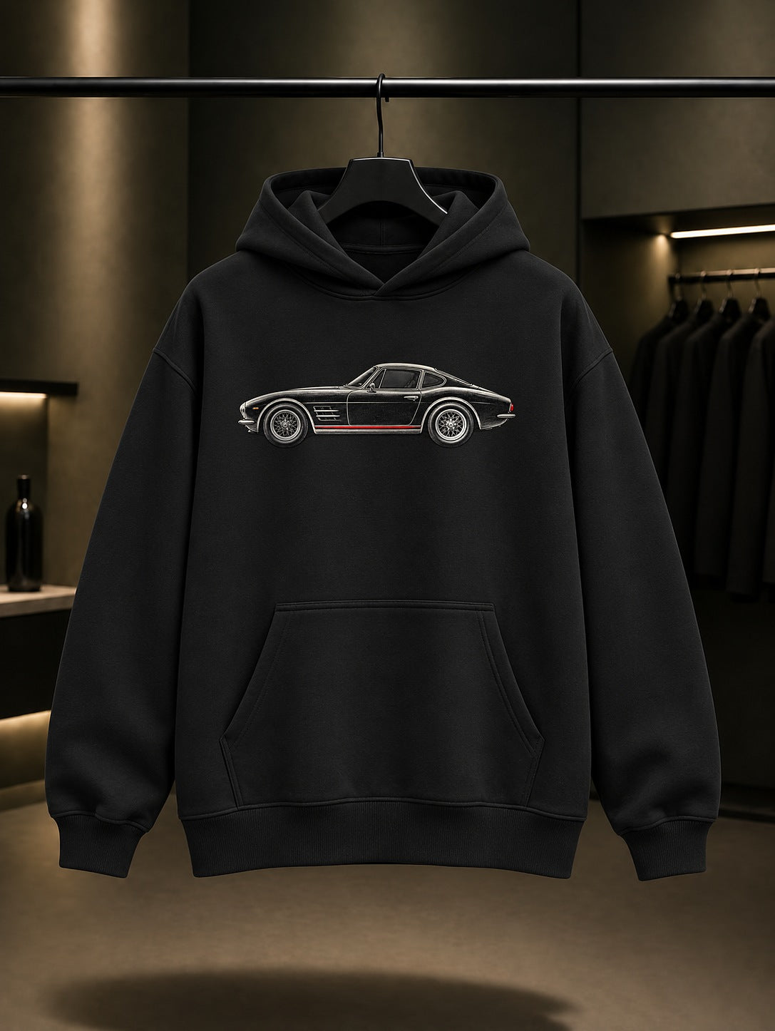 Klasik Otomobil Profili Baskılı Unisex %100 Pamuk Kapüşonlu Sweatshirt · Otomobil