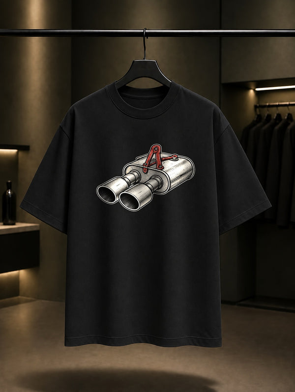 Mini Egzoz Baskılı Unisex %100 Pamuk Tişört · Otomobil