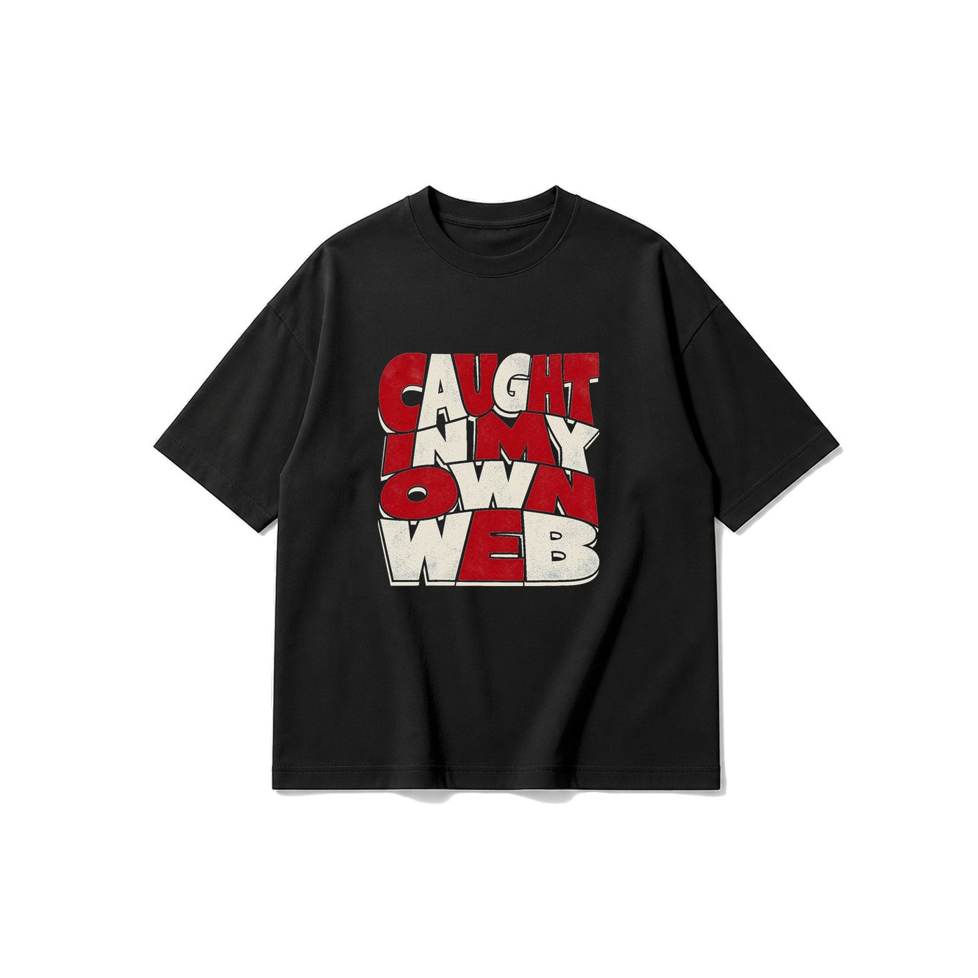 Caught In My Own Web Yazılı baskılı siyah t-shirt