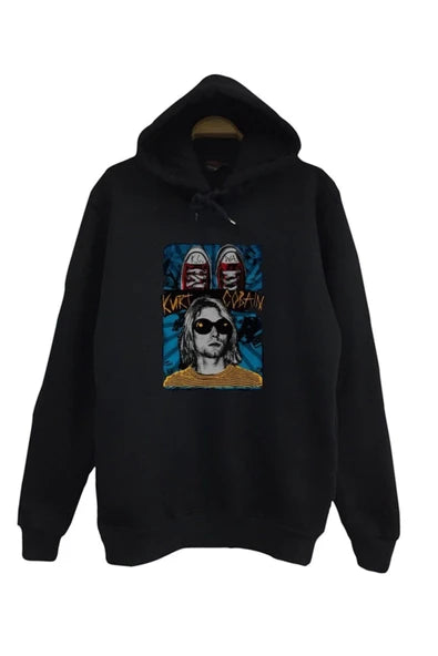 Nirvana-kurt Cobain çizgi baskılı siyah kapüşonlu sweatshirt