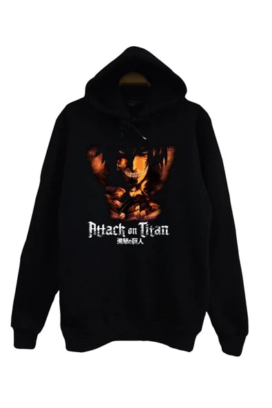 Attack on Titan baskılı siyah kapüşonlu sweatshirt