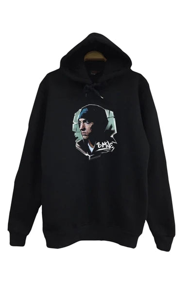 Eminem 8 Mile temalı portre baskılı siyah kapüşonlu sweatshirt