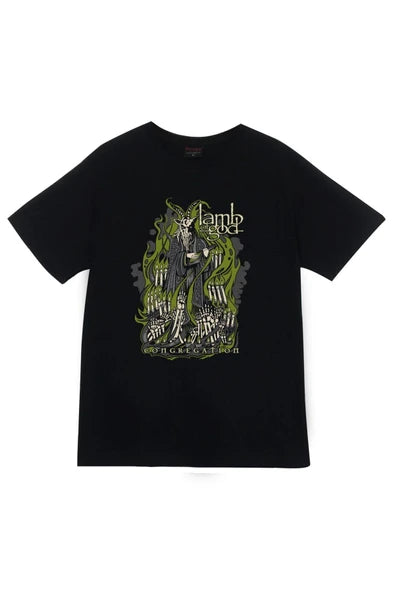 Lamb Of God Logosu ve yeşil tonlu baskılı siyah tişört
