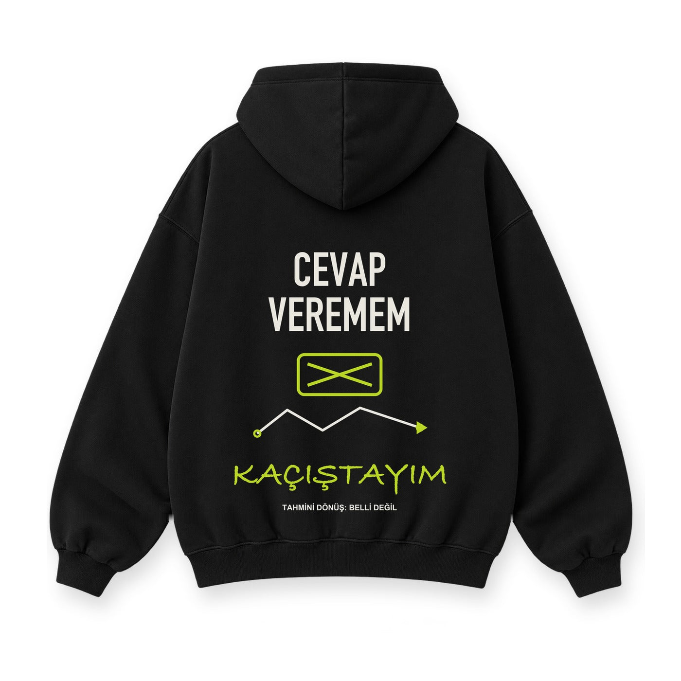 Cevap Veremem Kaçıştayım baskılı siyah kapüşonlu sweatshirt