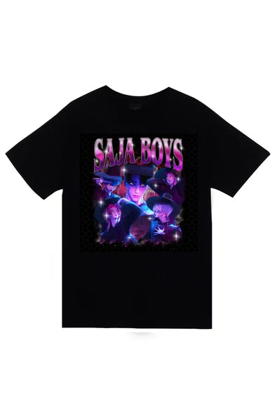 fame-stoned K-Pop Demon Hunters – Saja Boys Baskılı Unisex %100 Pamuk Siyah T-shirt