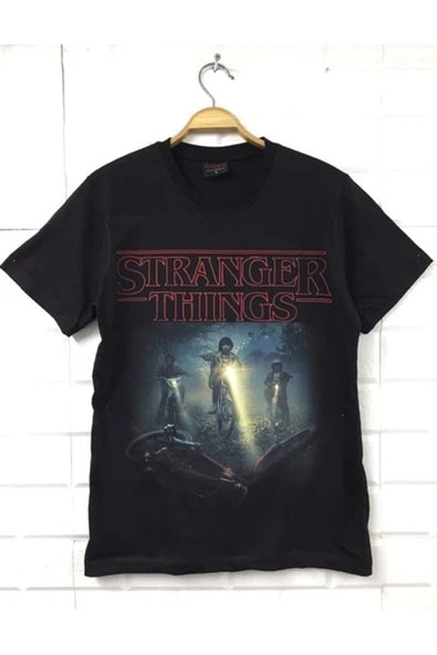 fame-stoned  Unisex Siyah Stranger Thıngs Baskılı T-shirt