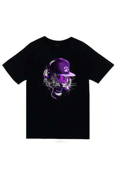 fame-stoned  Aslan, Hayvan Baskılı Unisex %100 Pamuk Siyah T-shirt