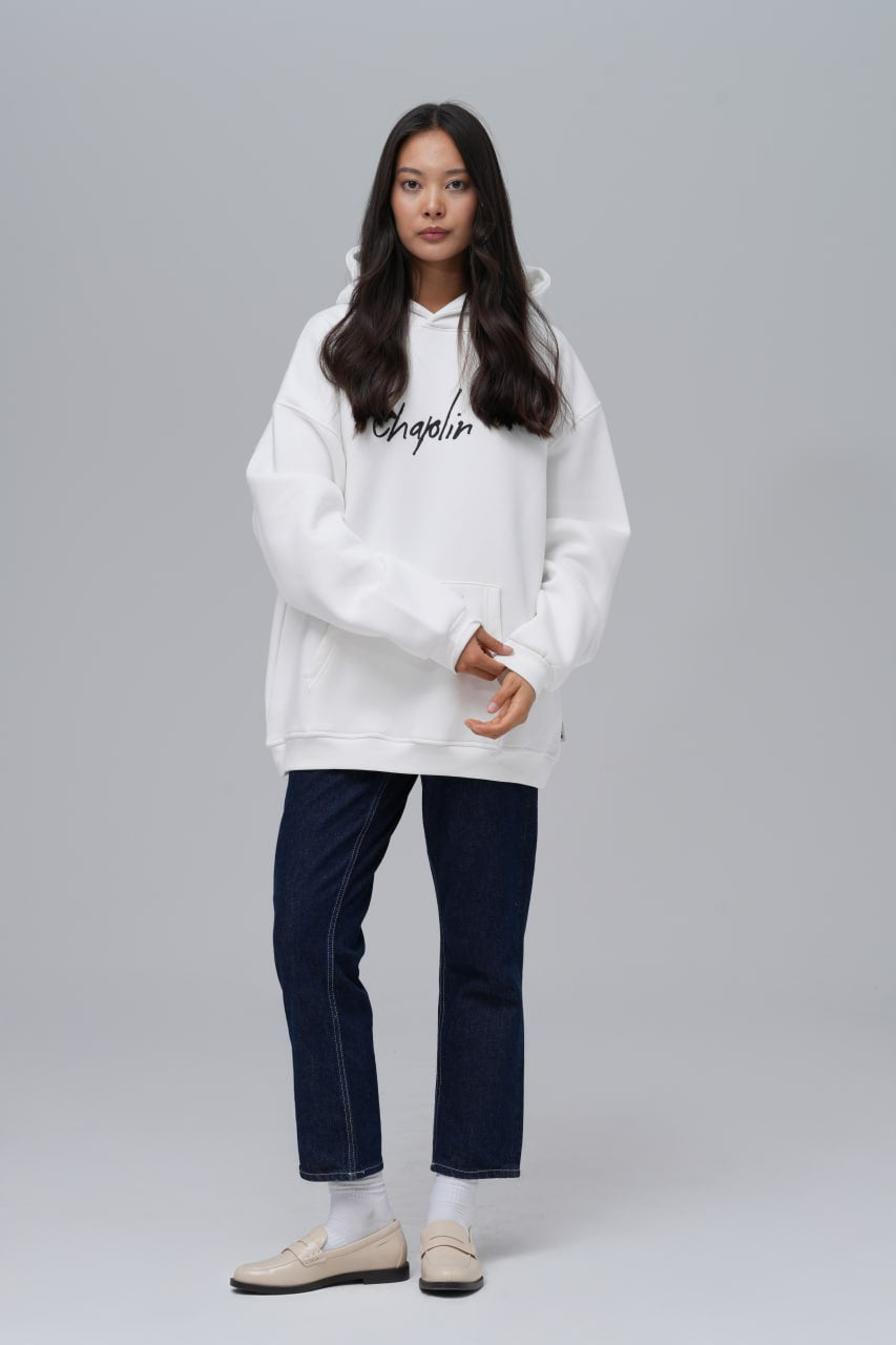 Charlie Chaplin Baskılı Nakışlı %100 Pamuk Kapüşonlu Unisex Oversize Beyaz Sweatshirt