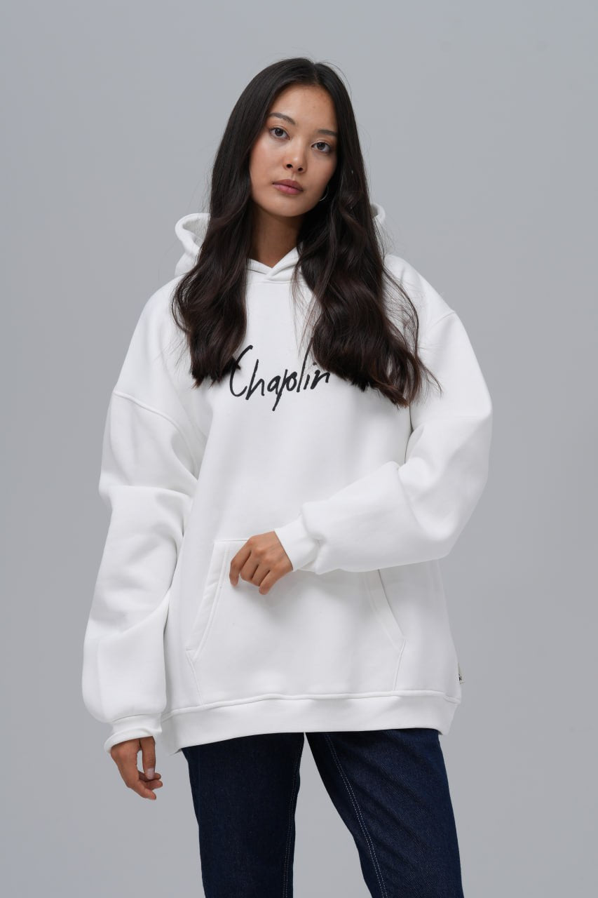 Charlie Chaplin Baskılı Nakışlı %100 Pamuk Kapüşonlu Unisex Oversize Beyaz Sweatshirt