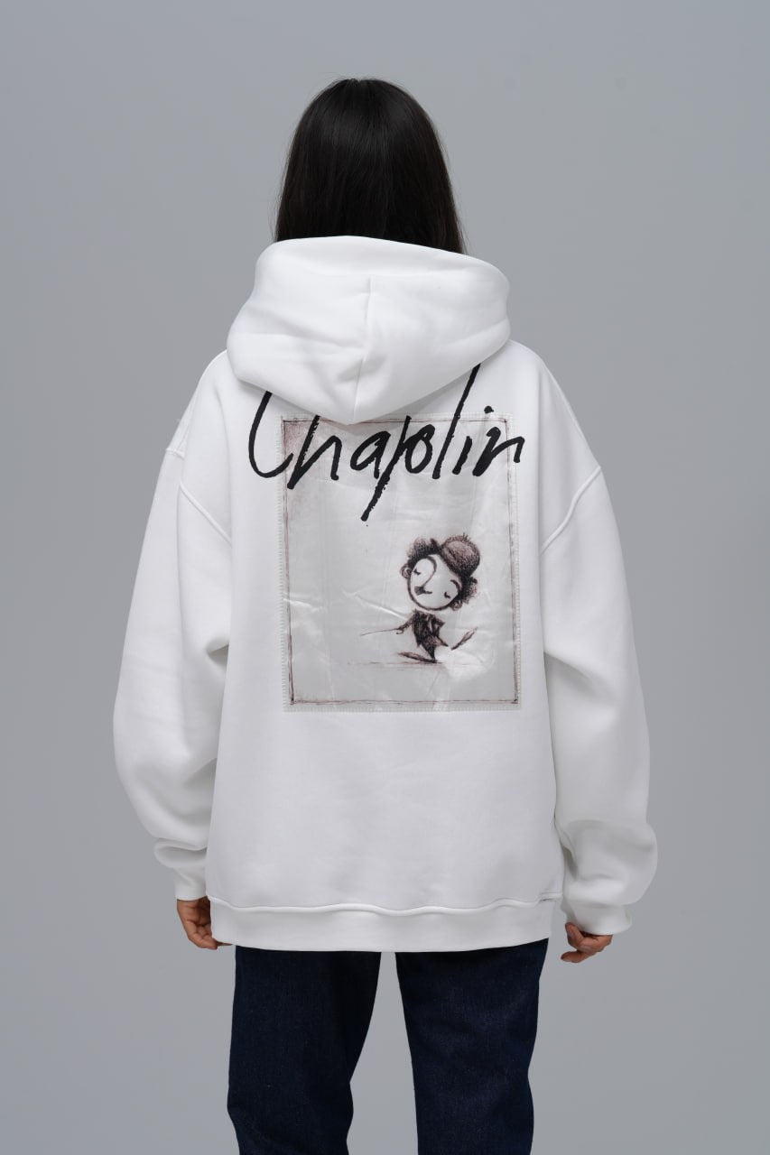 Charlie Chaplin Baskılı Nakışlı %100 Pamuk Kapüşonlu Unisex Oversize Beyaz Sweatshirt