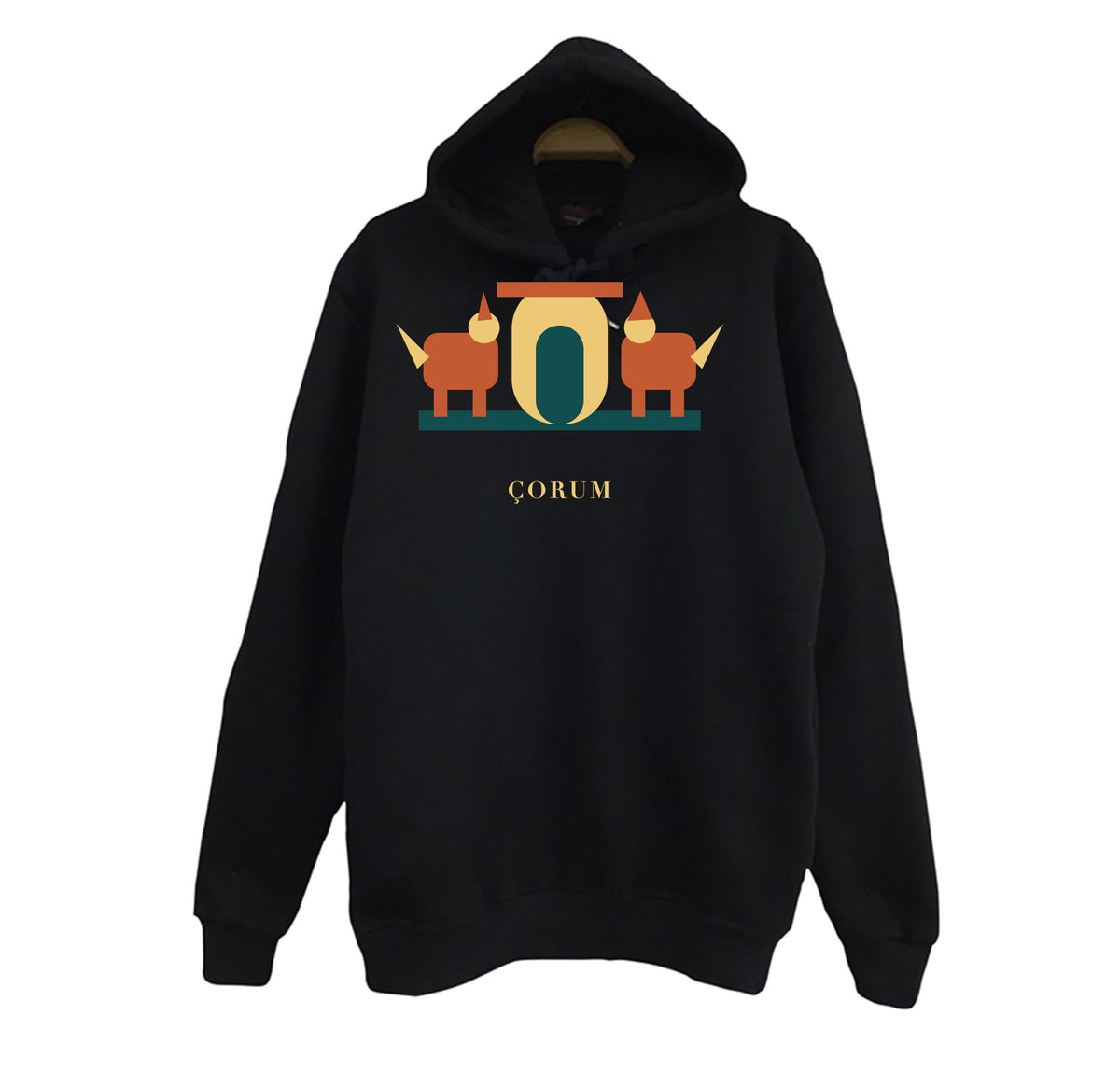 Çorum Alacahöyük Sfenksli Kapı baskılı siyah kapüşonlu sweatshirt