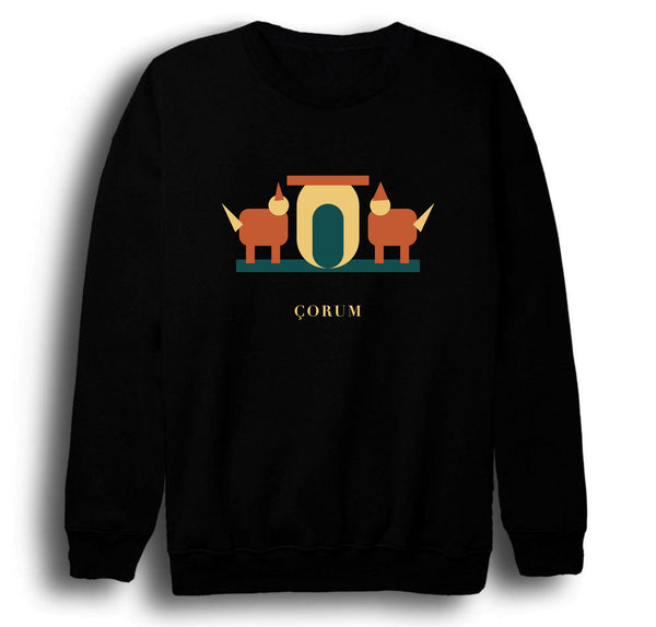 Çorum Alacahöyük Sfenksli Kapı baskılı siyah sweatshirt