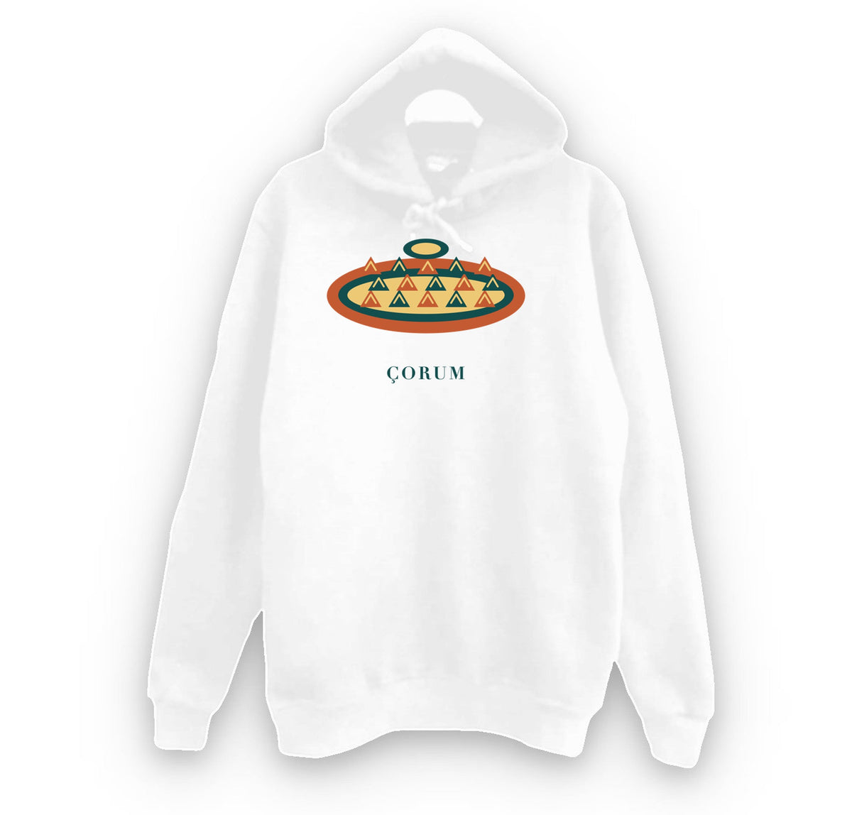 Çorum Kuru Mantısı baskılı beyaz kapüşonlu sweatshirt