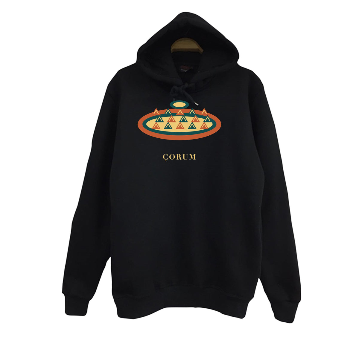 Çorum Kuru Mantısı baskılı siyah kapüşonlu sweatshirt