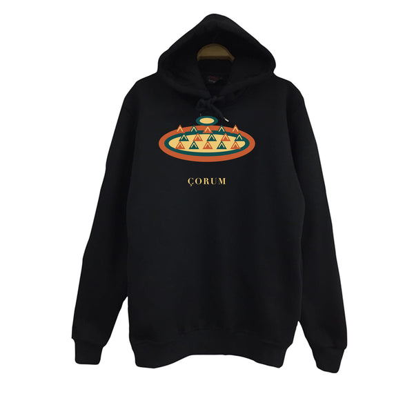 Çorum Kuru Mantısı baskılı siyah kapüşonlu sweatshirt