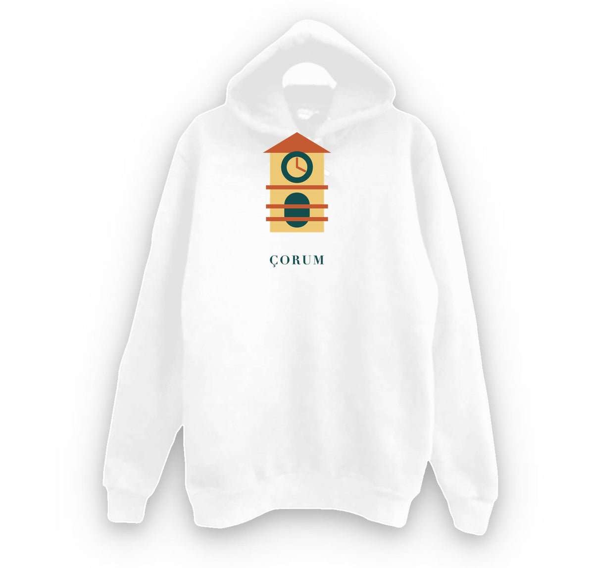 Çorum Saat Kulesi baskılı beyaz kapüşonlu sweatshirt