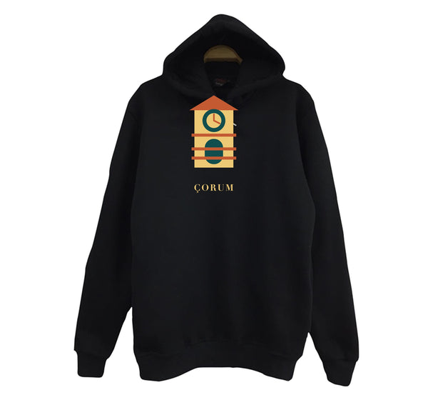 Çorum Saat Kulesi baskılı siyah kapüşonlu sweatshirt