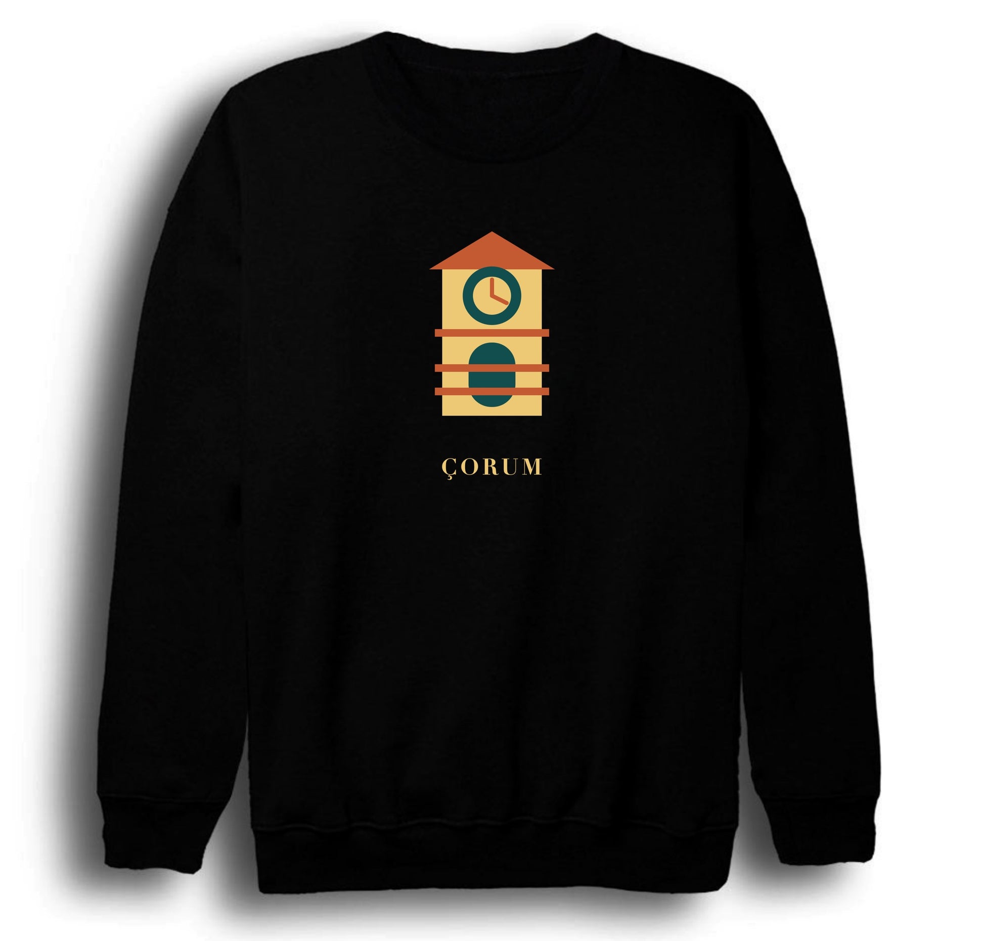 Çorum Saat Kulesi baskılı siyah sweatshirt