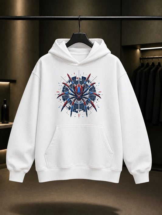 Siber Mekanik Örümcek baskılı beyaz kapüşonlu sweatshirt